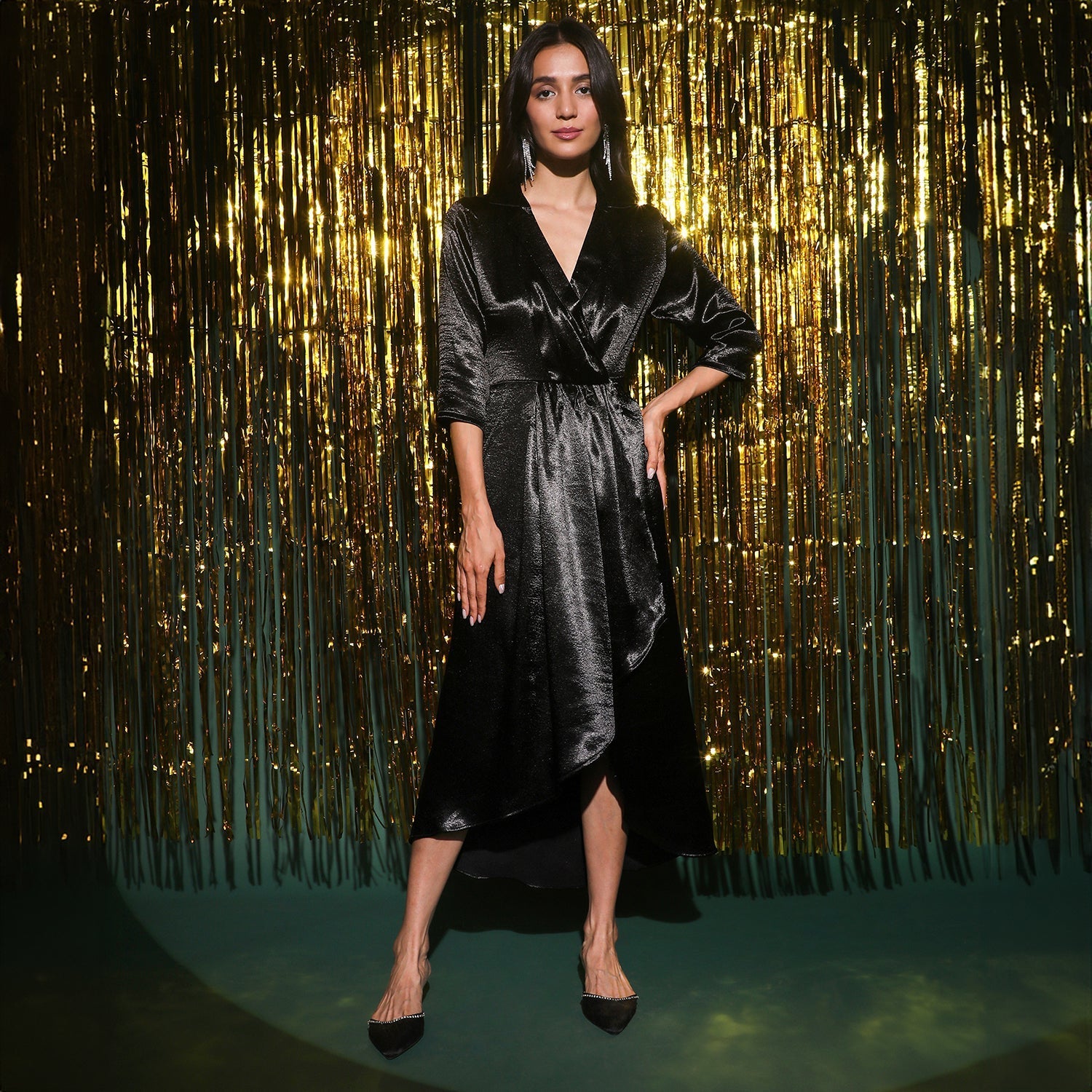 Women Black Draped Wrap Dress