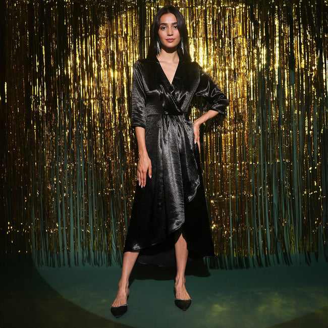 Women Black Draped Wrap Dress