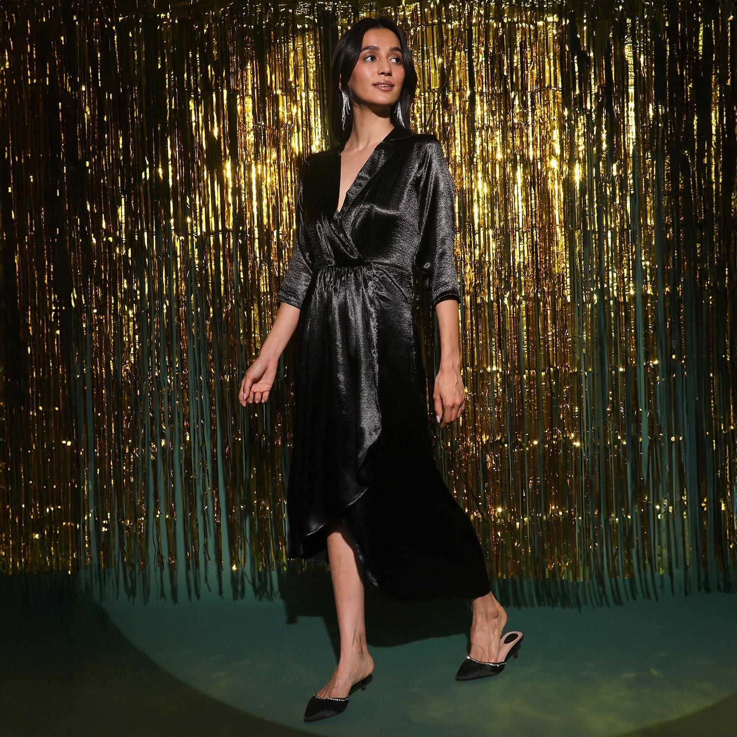 Women Black Draped Wrap Dress