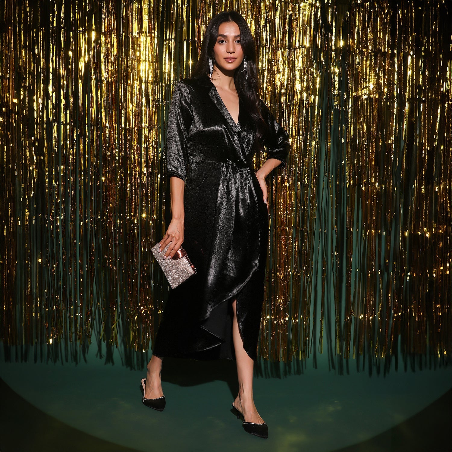 Women Black Draped Wrap Dress