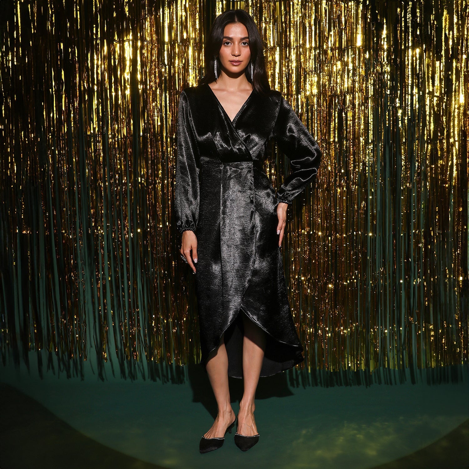 Women Black Satin Midi Dress