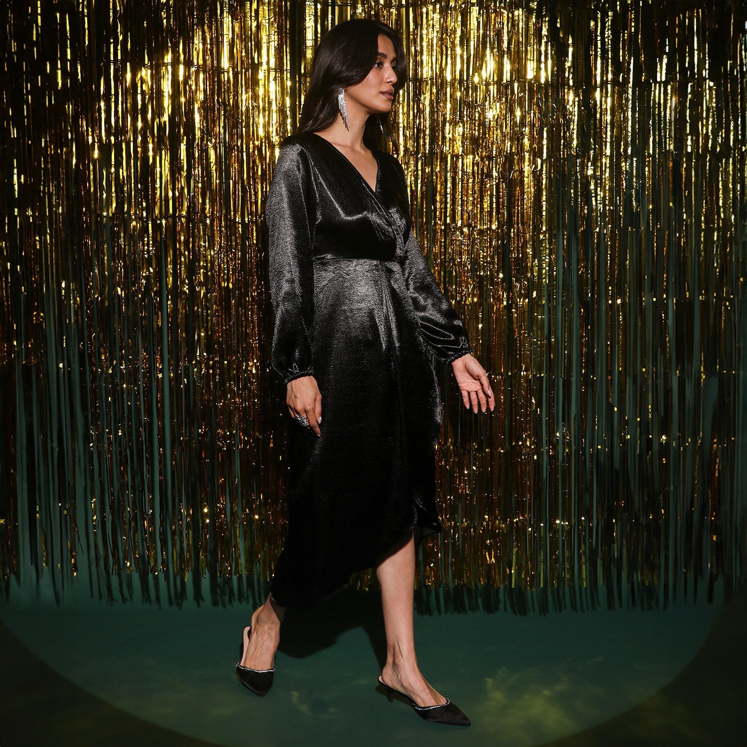 Women Black Satin Midi Dress