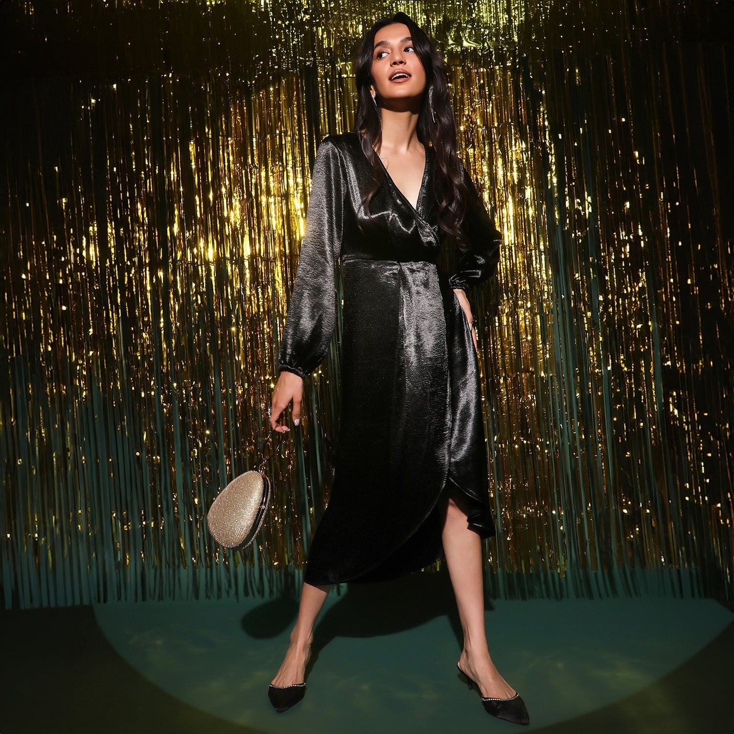 Women Black Satin Midi Dress
