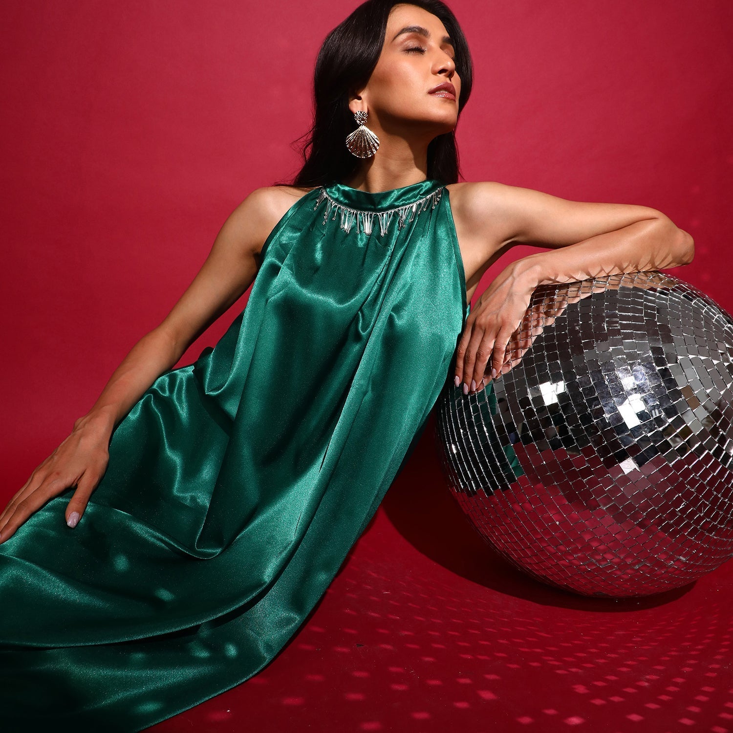 Women Green Halter Midi Dress