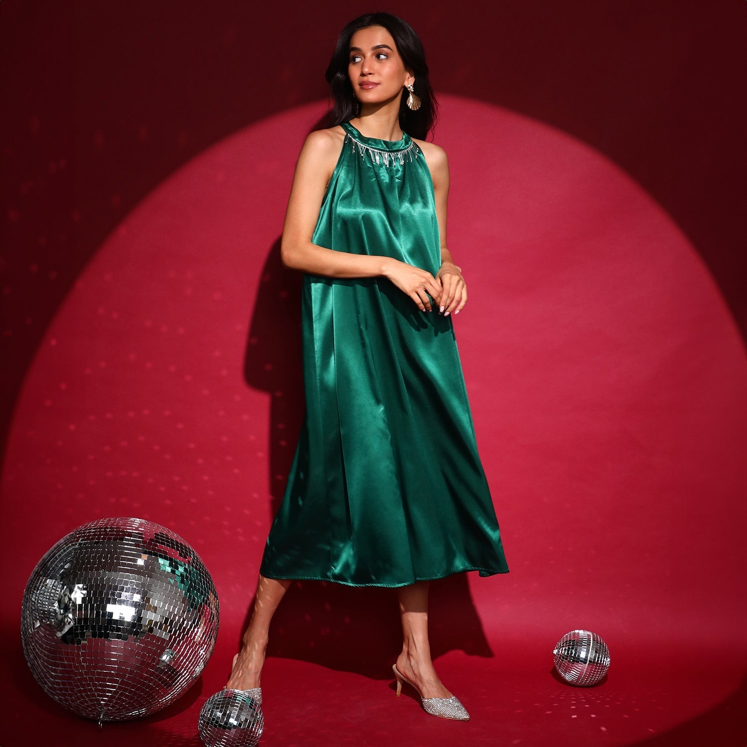 Women Green Halter Midi Dress