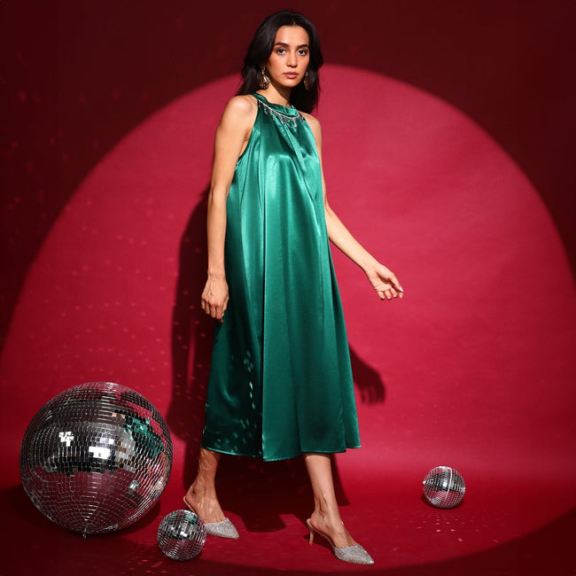Women Green Halter Midi Dress