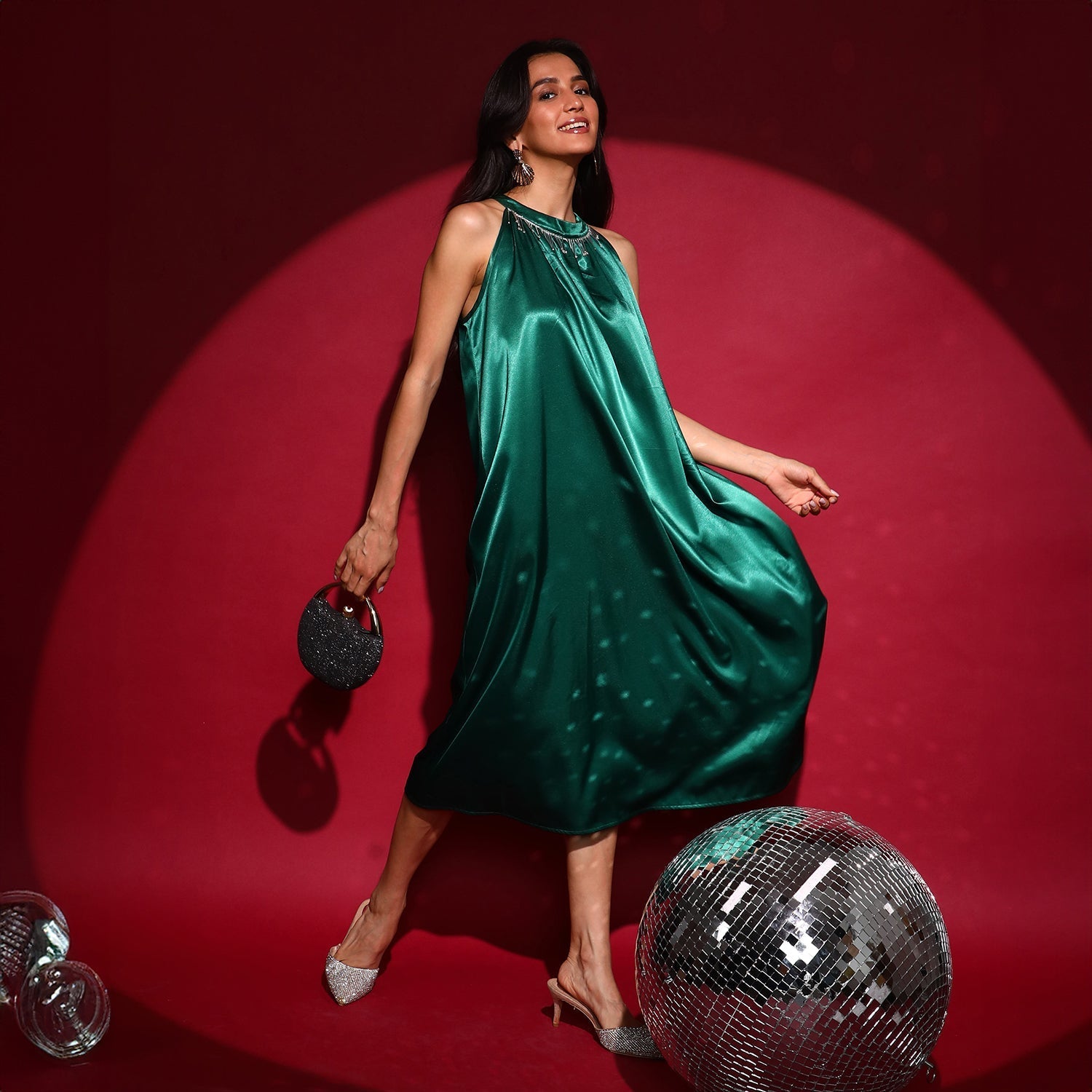 Women Green Halter Midi Dress