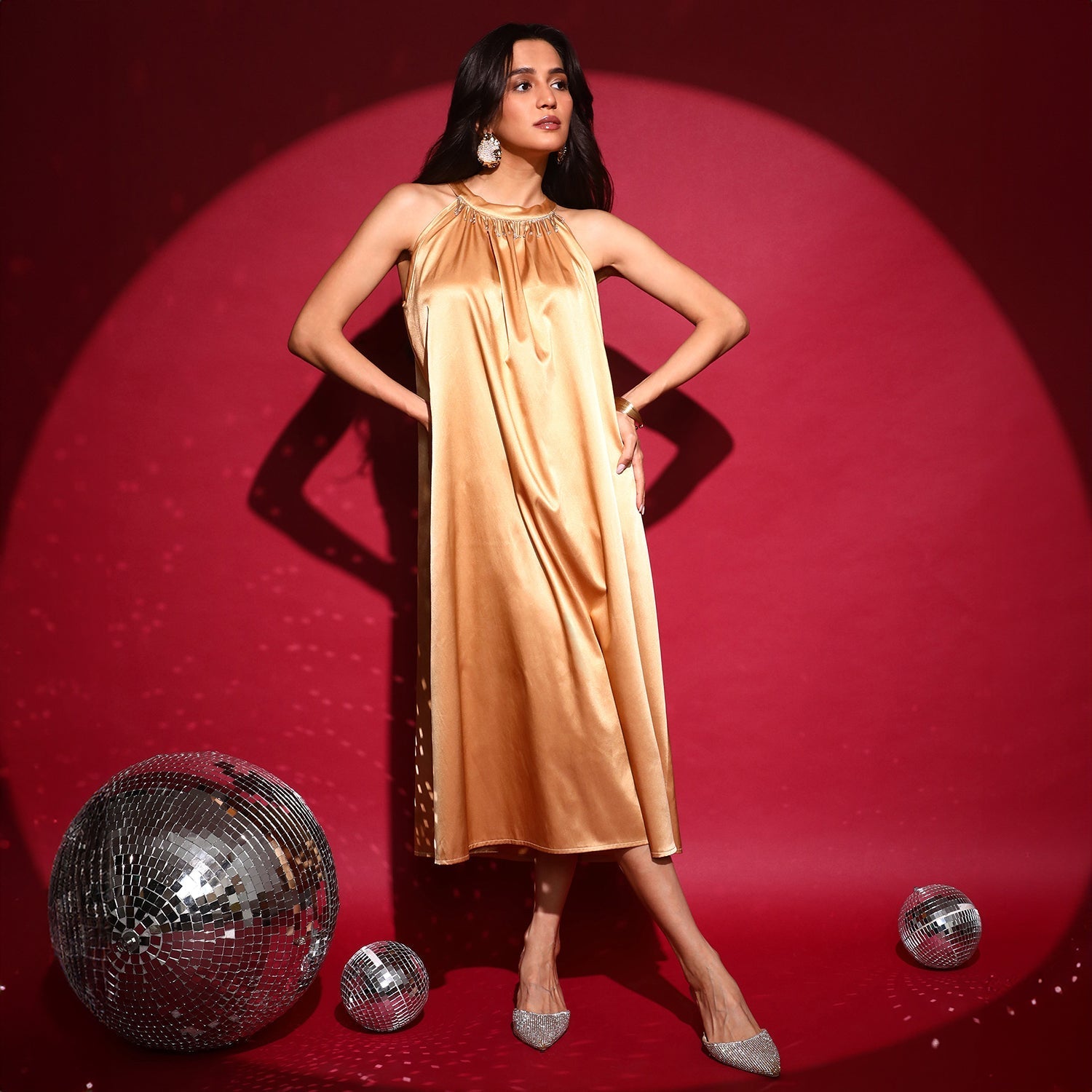 Women Gold Halter Midi Dress