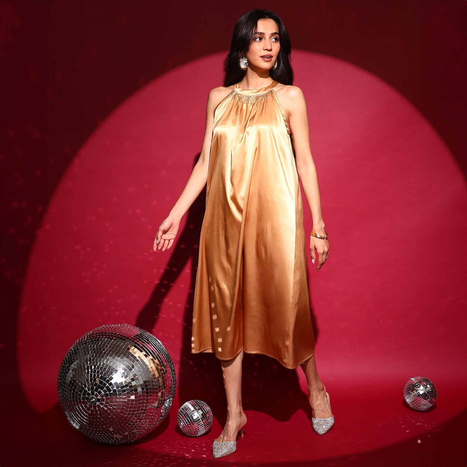 Women Gold Halter Midi Dress