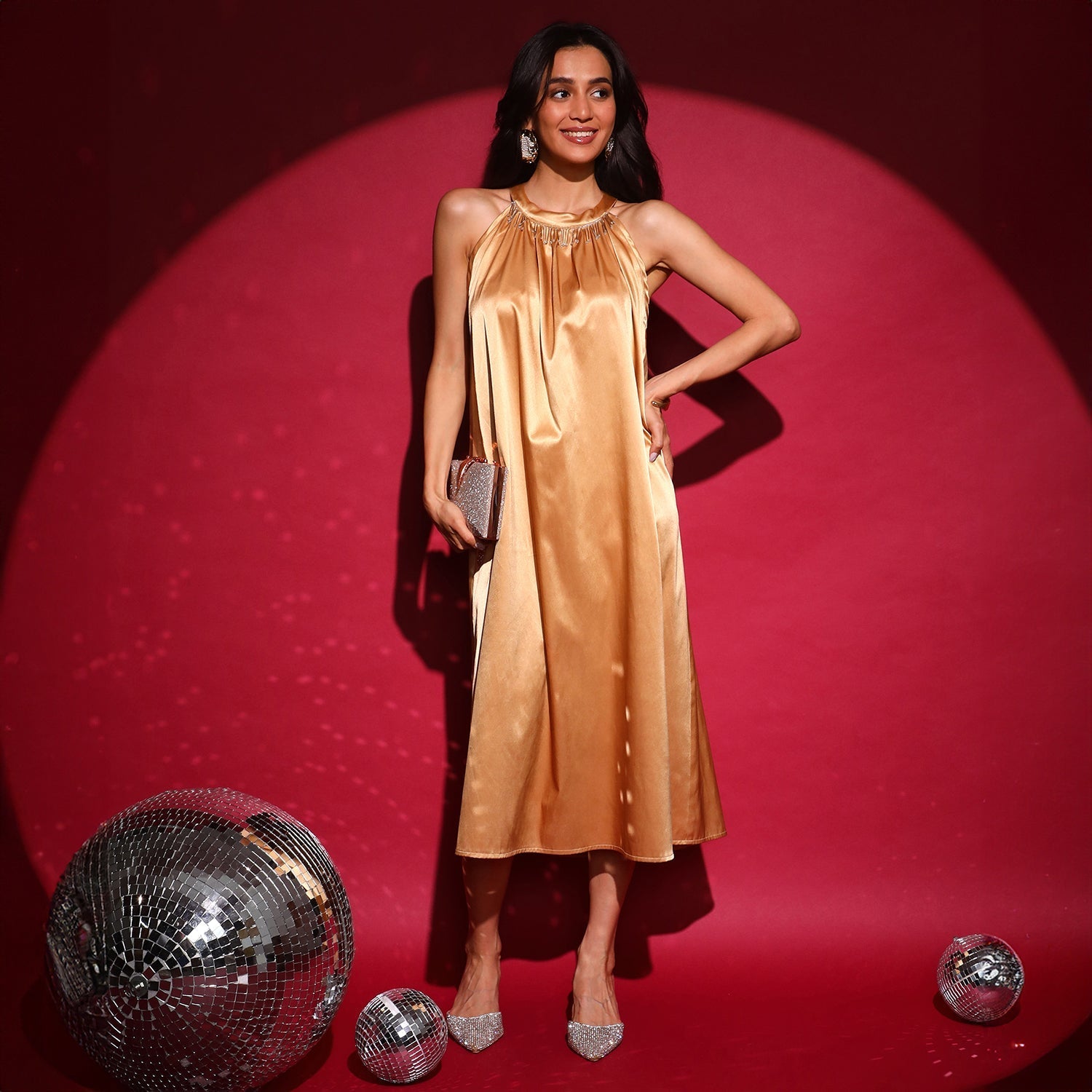 Women Gold Halter Midi Dress