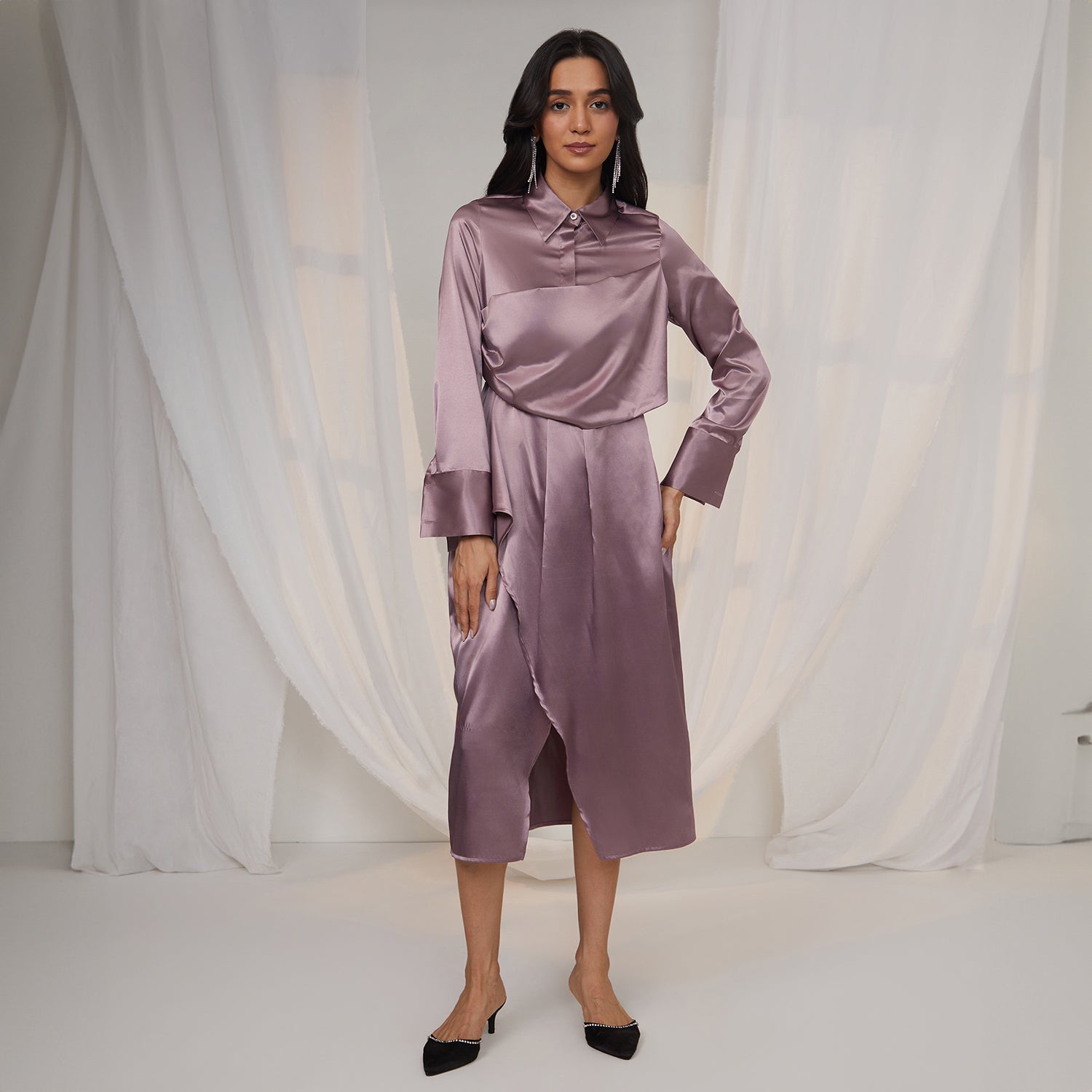 Women Purple Draped Shirt Dress
