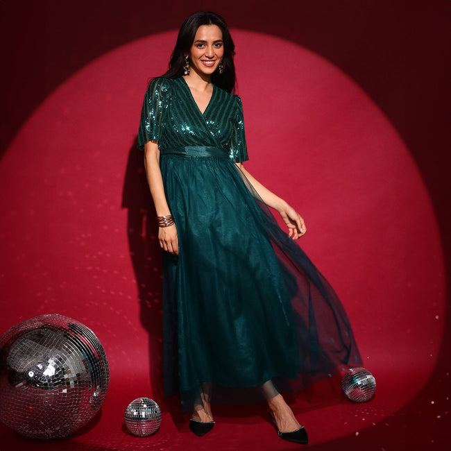 Women Green Sequin Block Maxi Dress