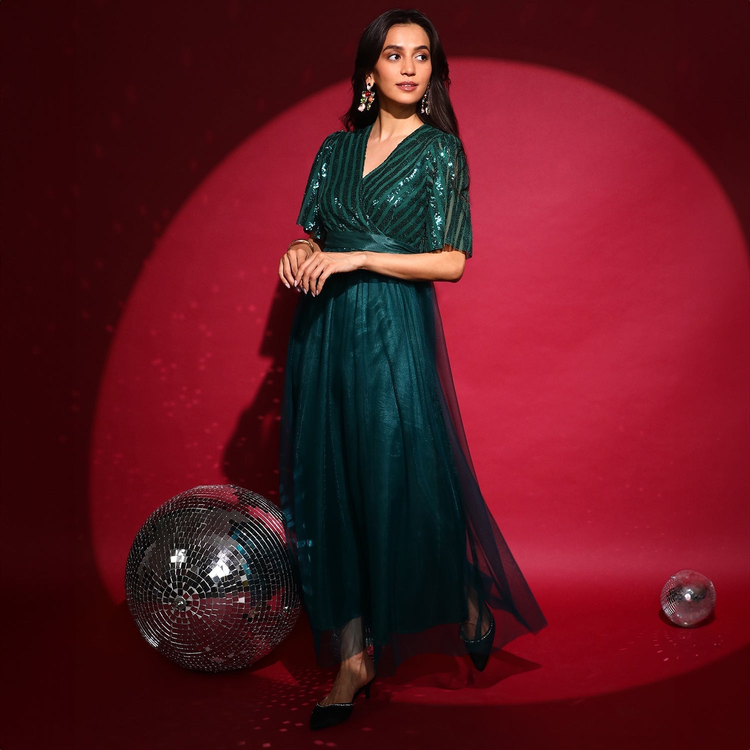 Women Green Sequin Block Maxi Dress