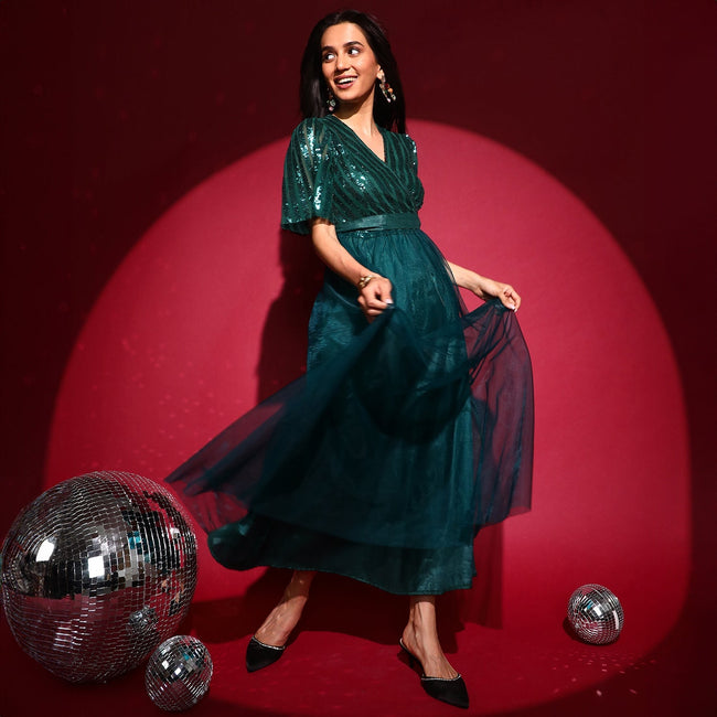 Women Green Sequin Block Maxi Dress