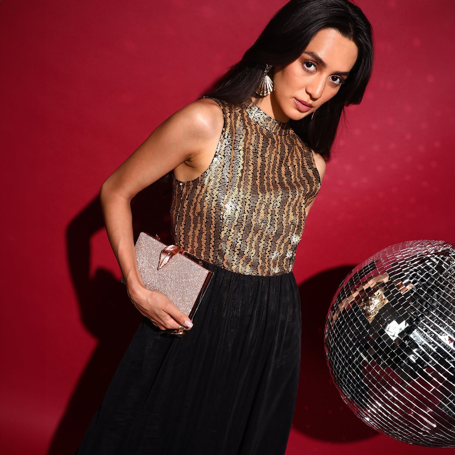 Women Multi Sequin Block Midi Dress