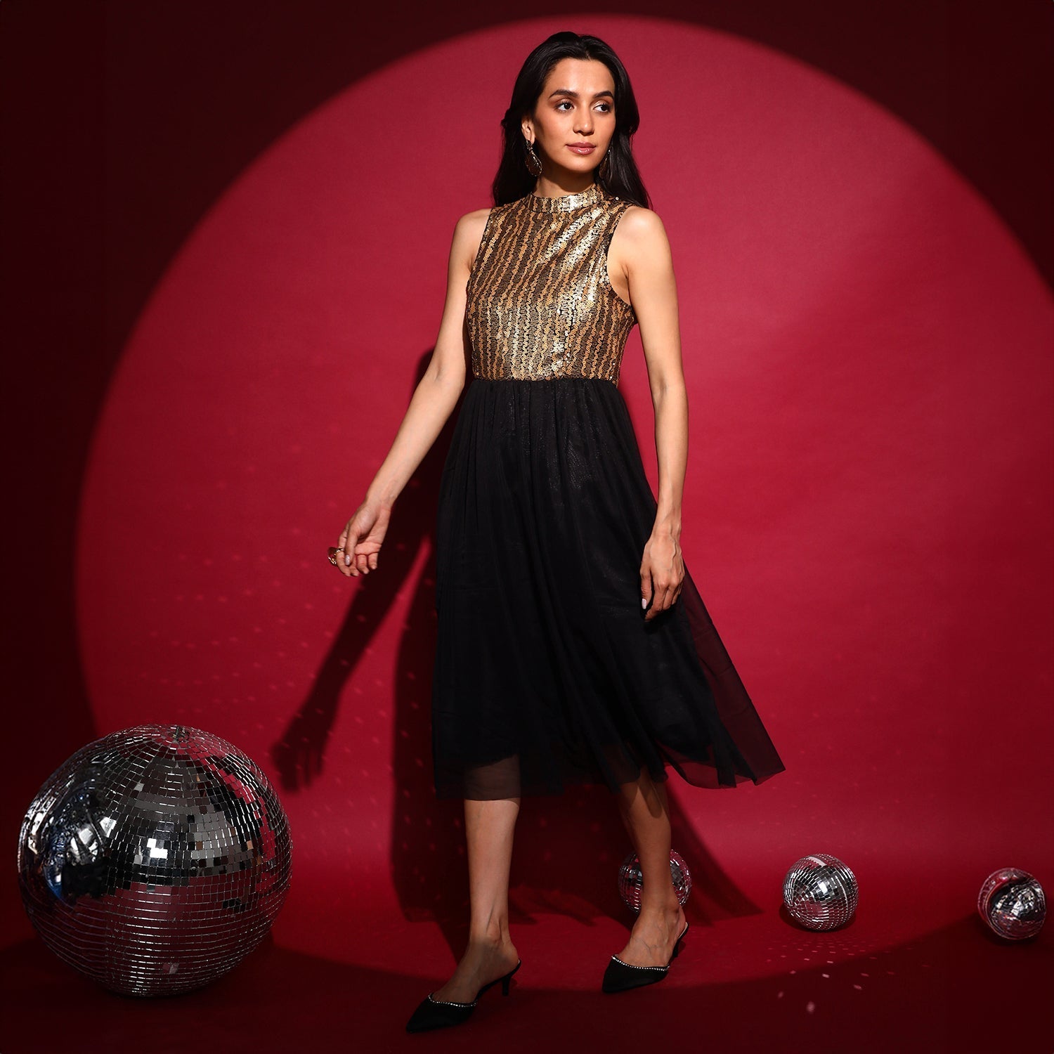 Women Multi Sequin Block Midi Dress