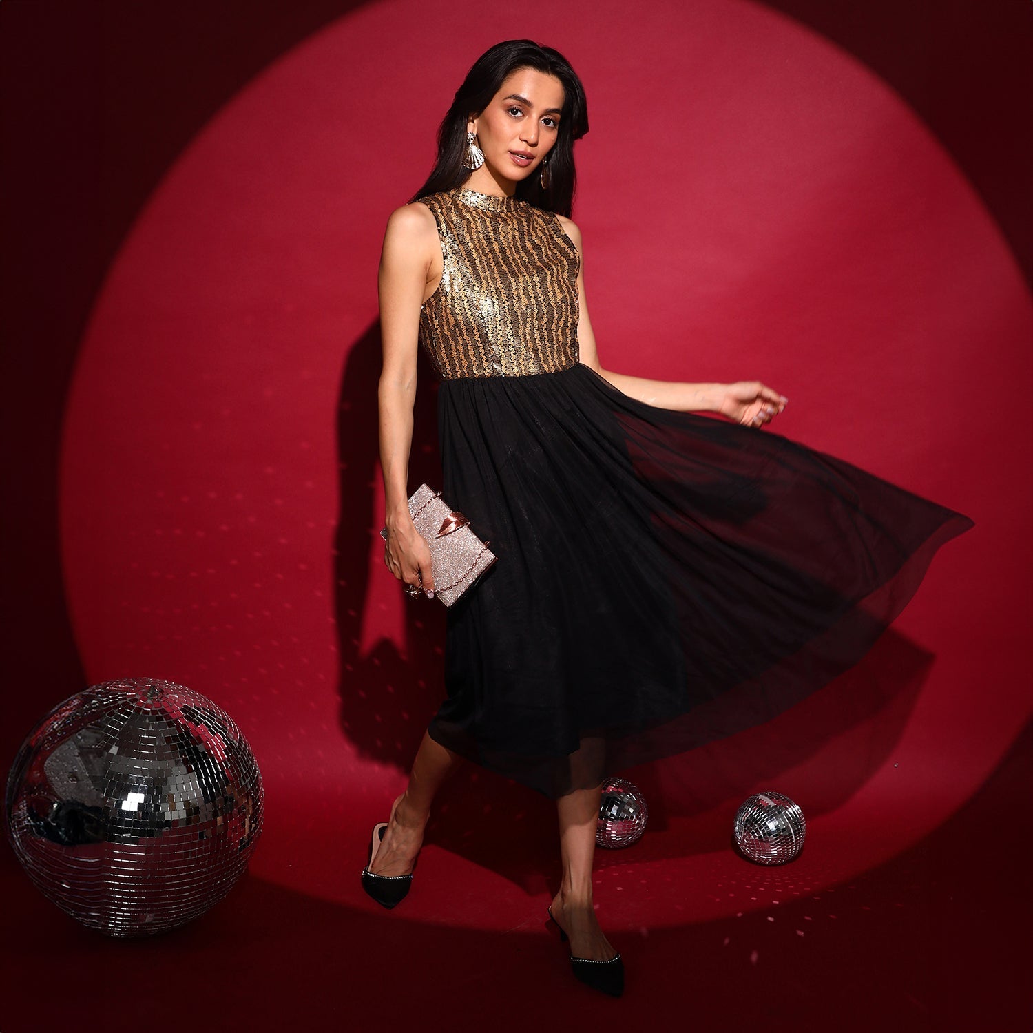 Women Multi Sequin Block Midi Dress