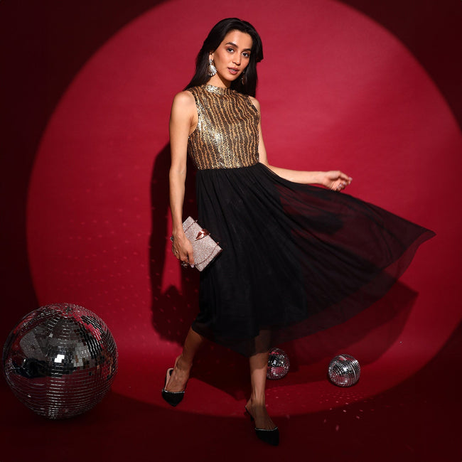 Women Multi Sequin Block Midi Dress