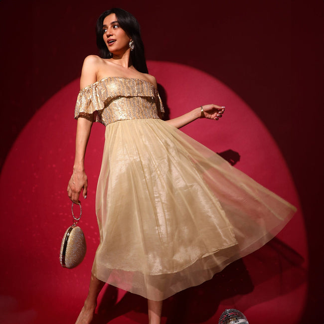 Women Gold Sequin Block Dress