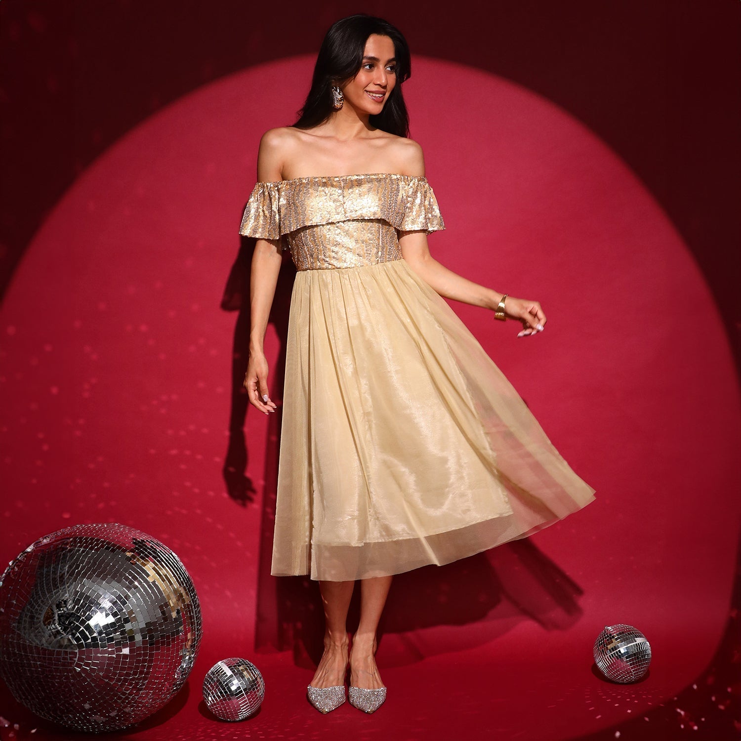 Women Gold Sequin Block Dress