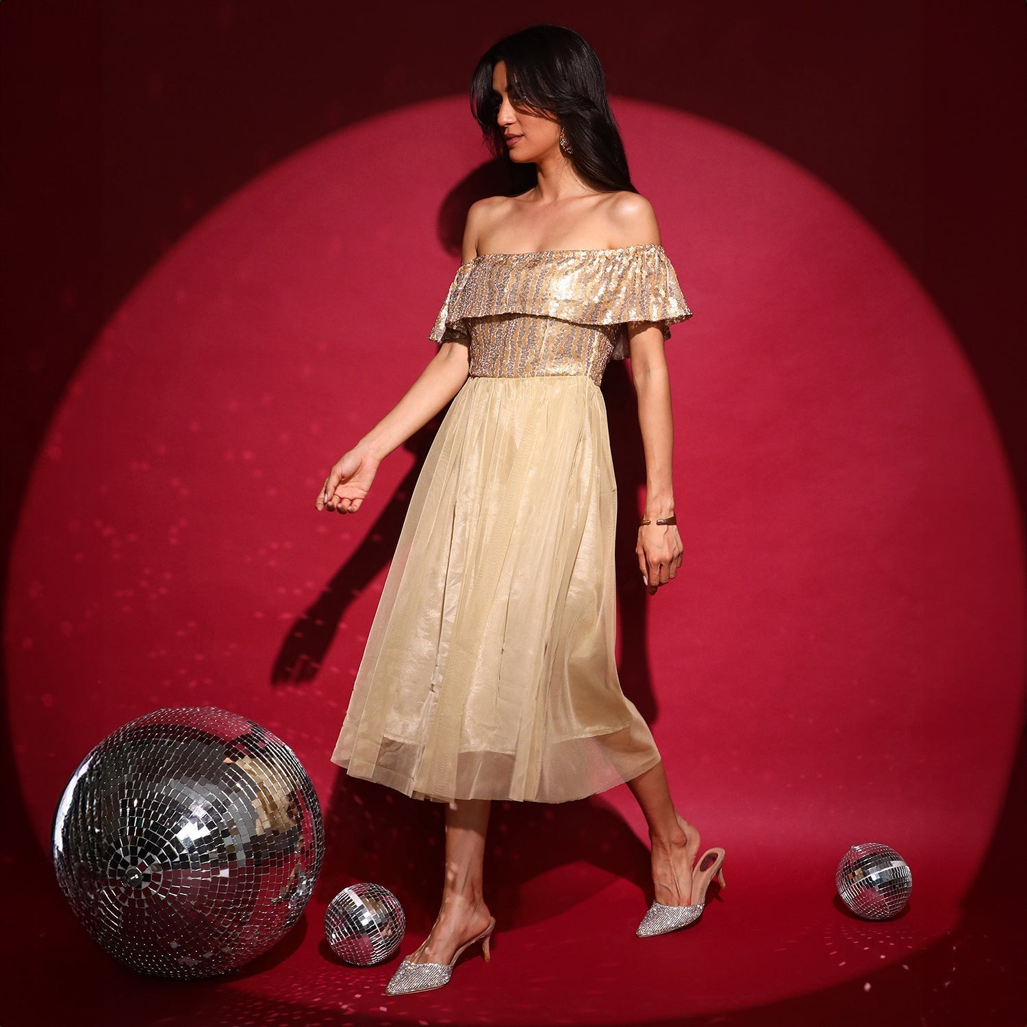 Women Gold Sequin Block Dress