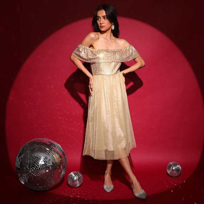 Women Gold Sequin Block Dress