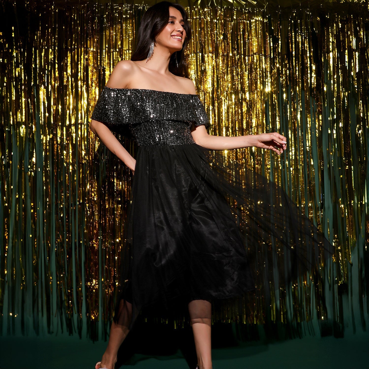 Women Black Sequin Block Dress
