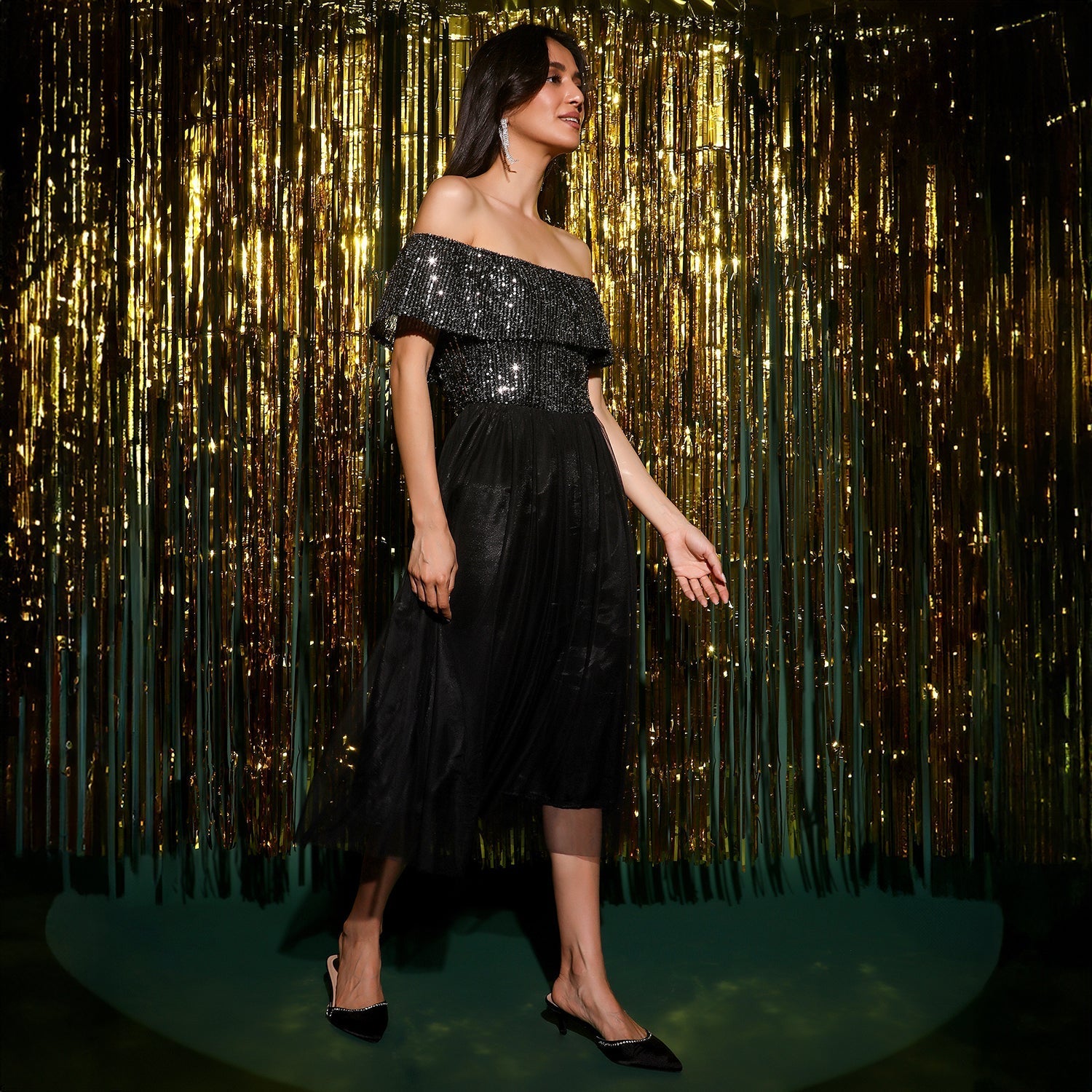 Women Black Sequin Block Dress
