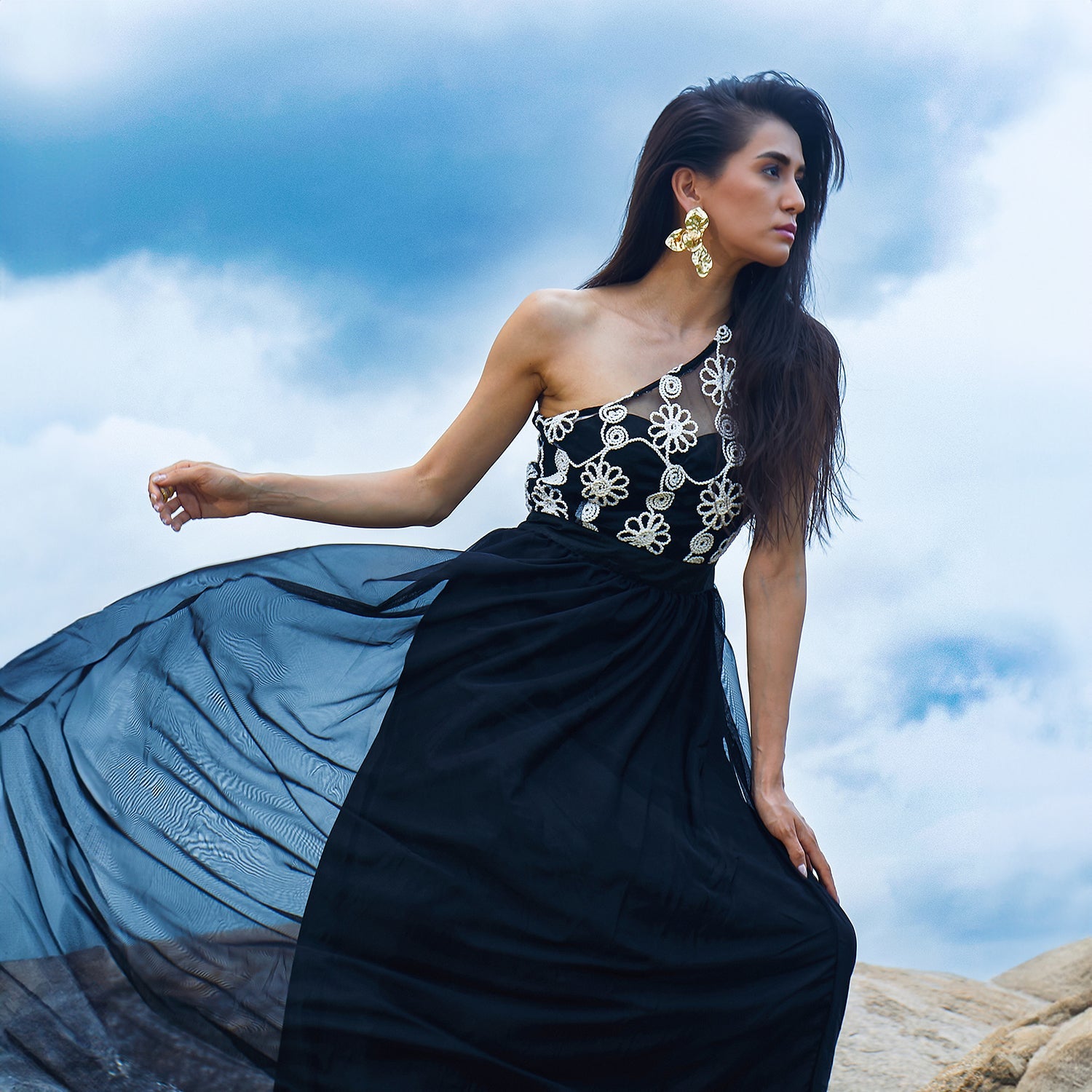 Women Black Blossom Maxi Dress