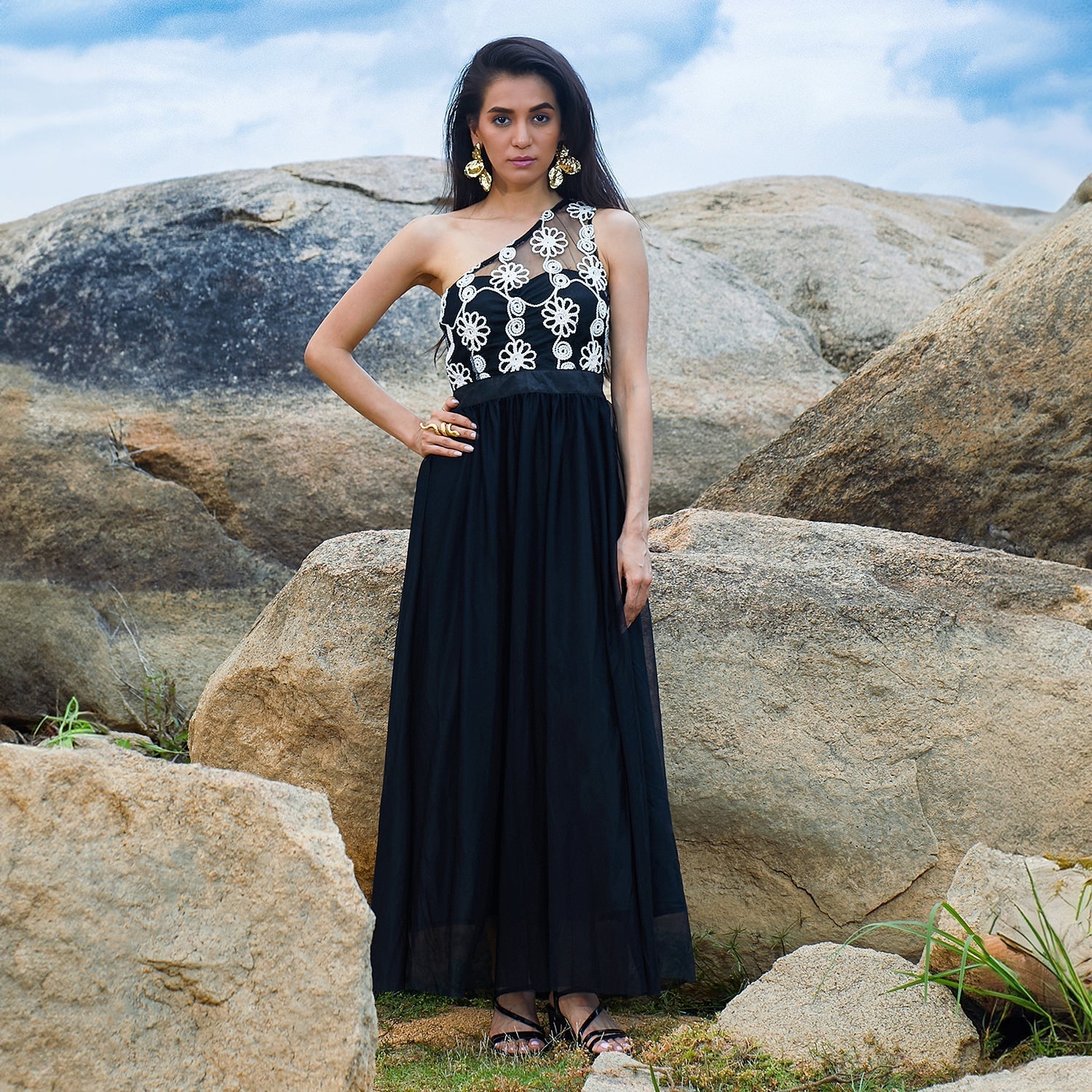 Women Black Blossom Maxi Dress