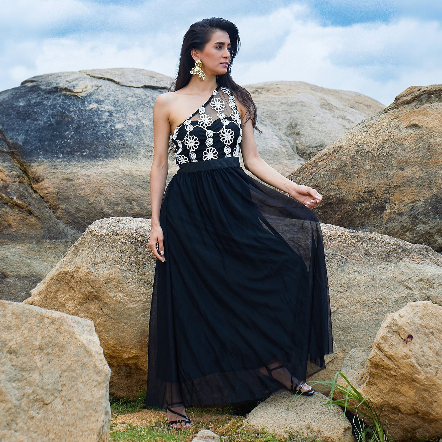 Women Black Blossom Maxi Dress