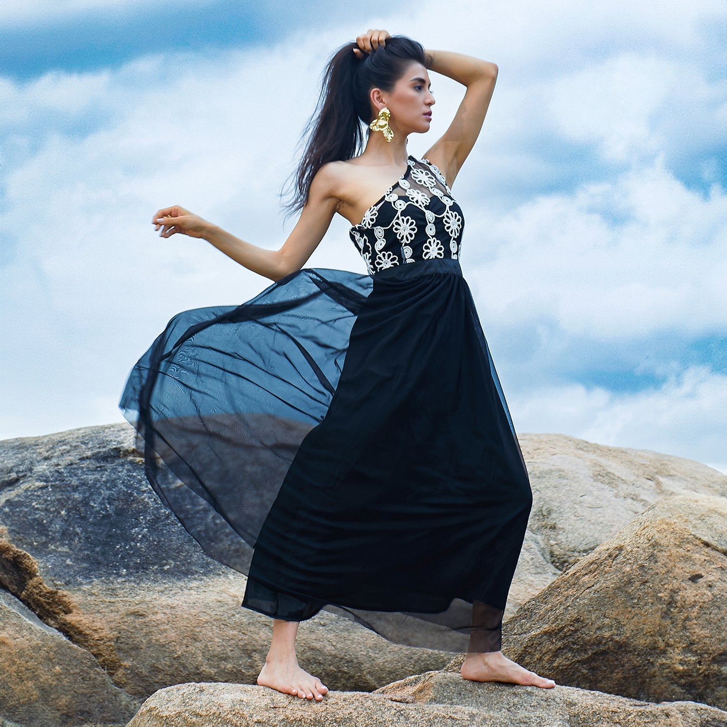 Women Black Blossom Maxi Dress
