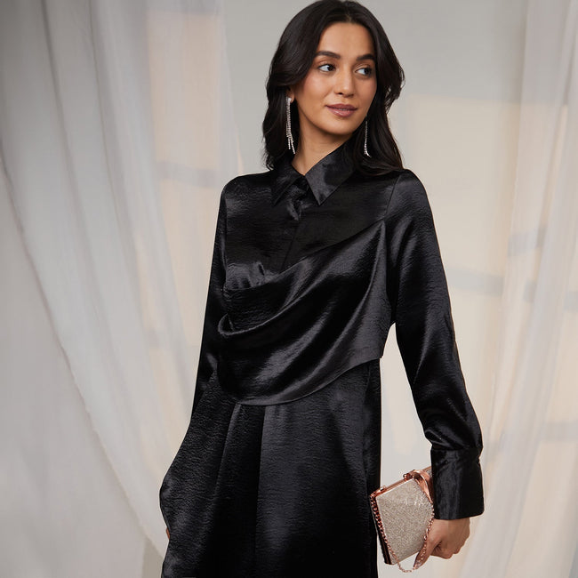 Women Black Draped Shirt Dress