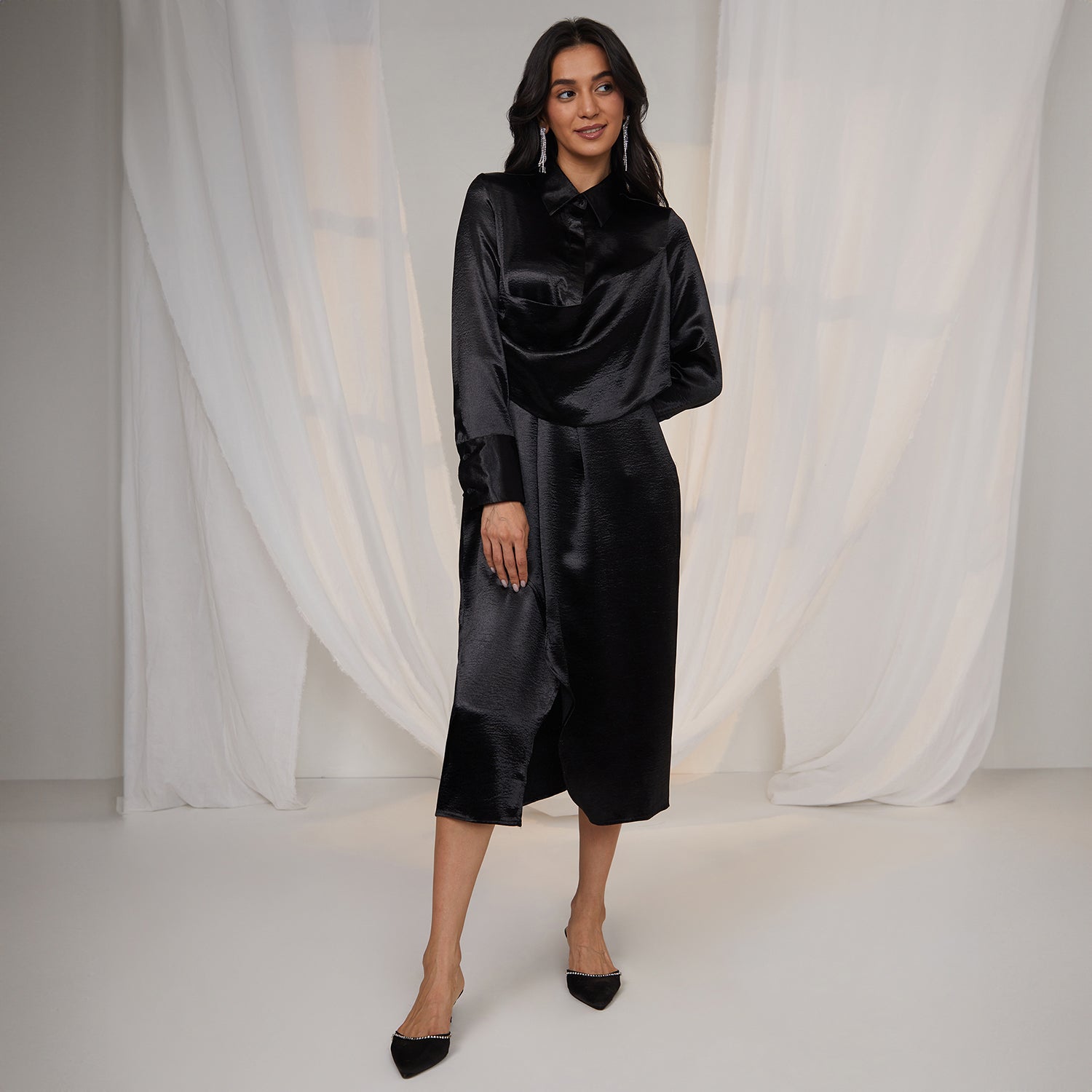 Women Black Draped Shirt Dress