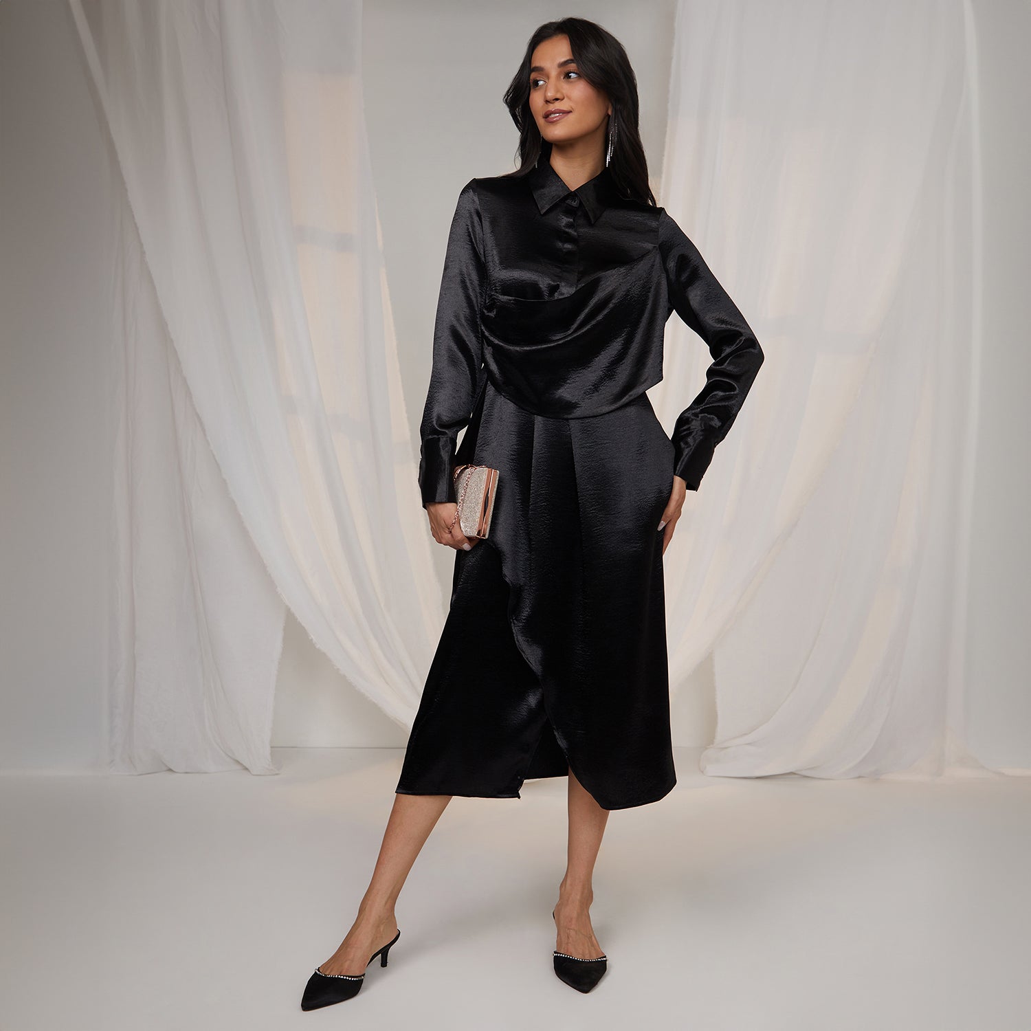 Women Black Draped Shirt Dress