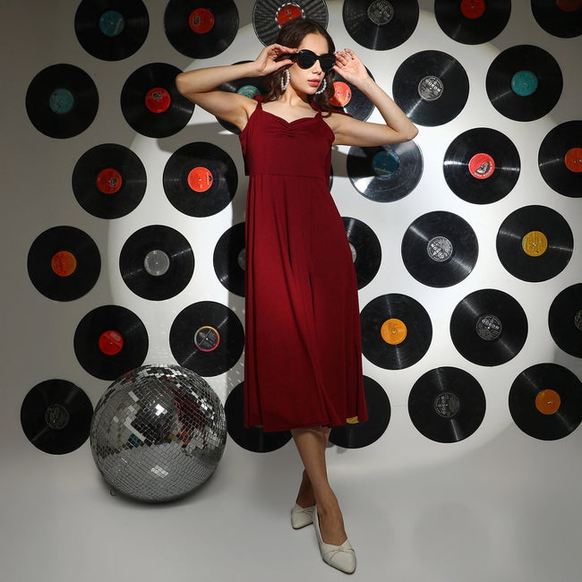 Women Red Solid Slit Midi Dress