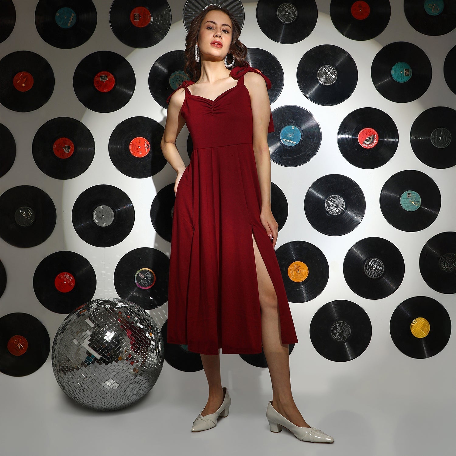 Women Red Solid Slit Midi Dress