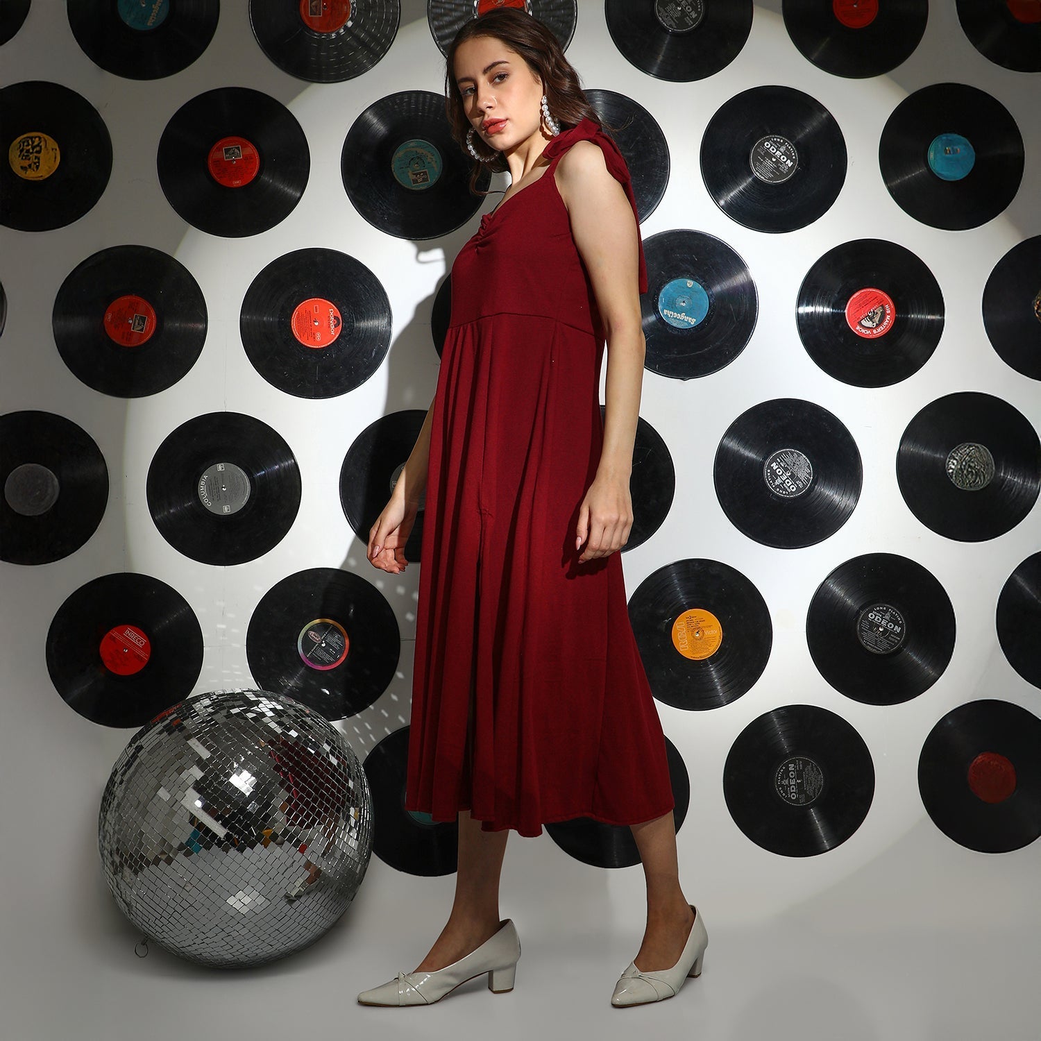 Women Red Solid Slit Midi Dress