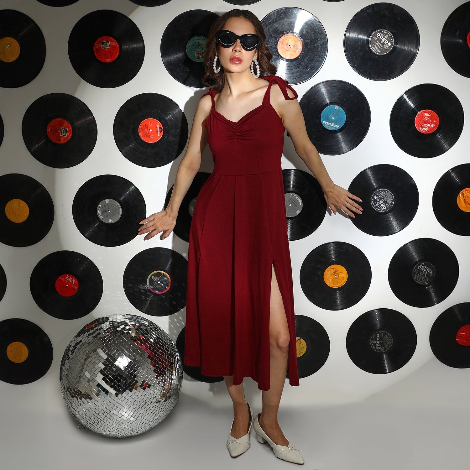 Women Red Solid Slit Midi Dress