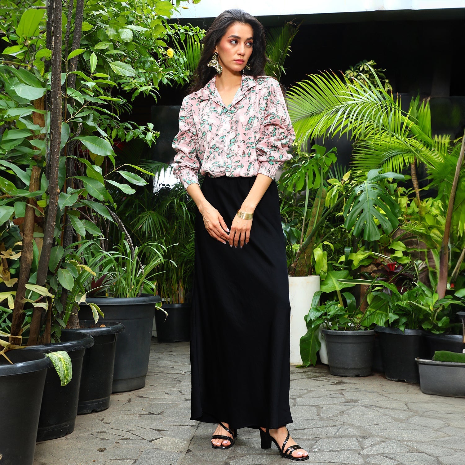 Women Pink Foliage Pleat Shirt