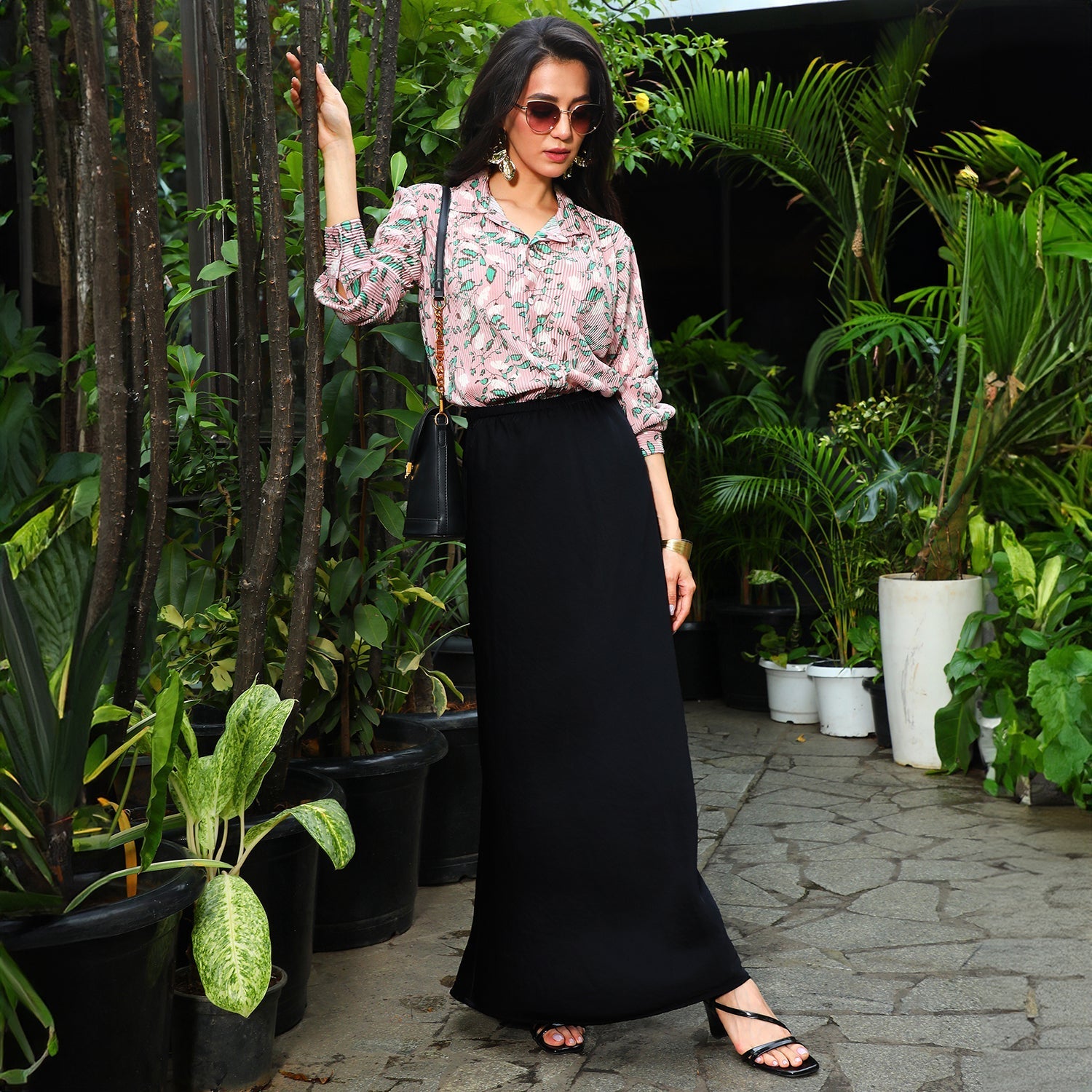 Women Pink Foliage Pleat Shirt
