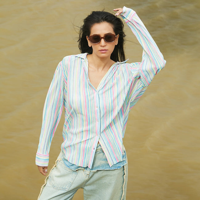 Women Multi Rainbow Pleated Shirt