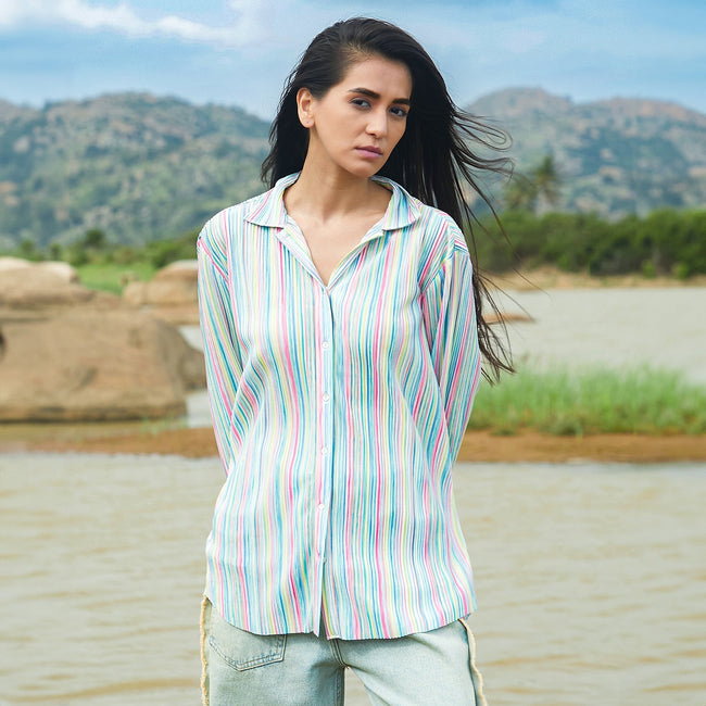 Women Multi Rainbow Pleated Shirt