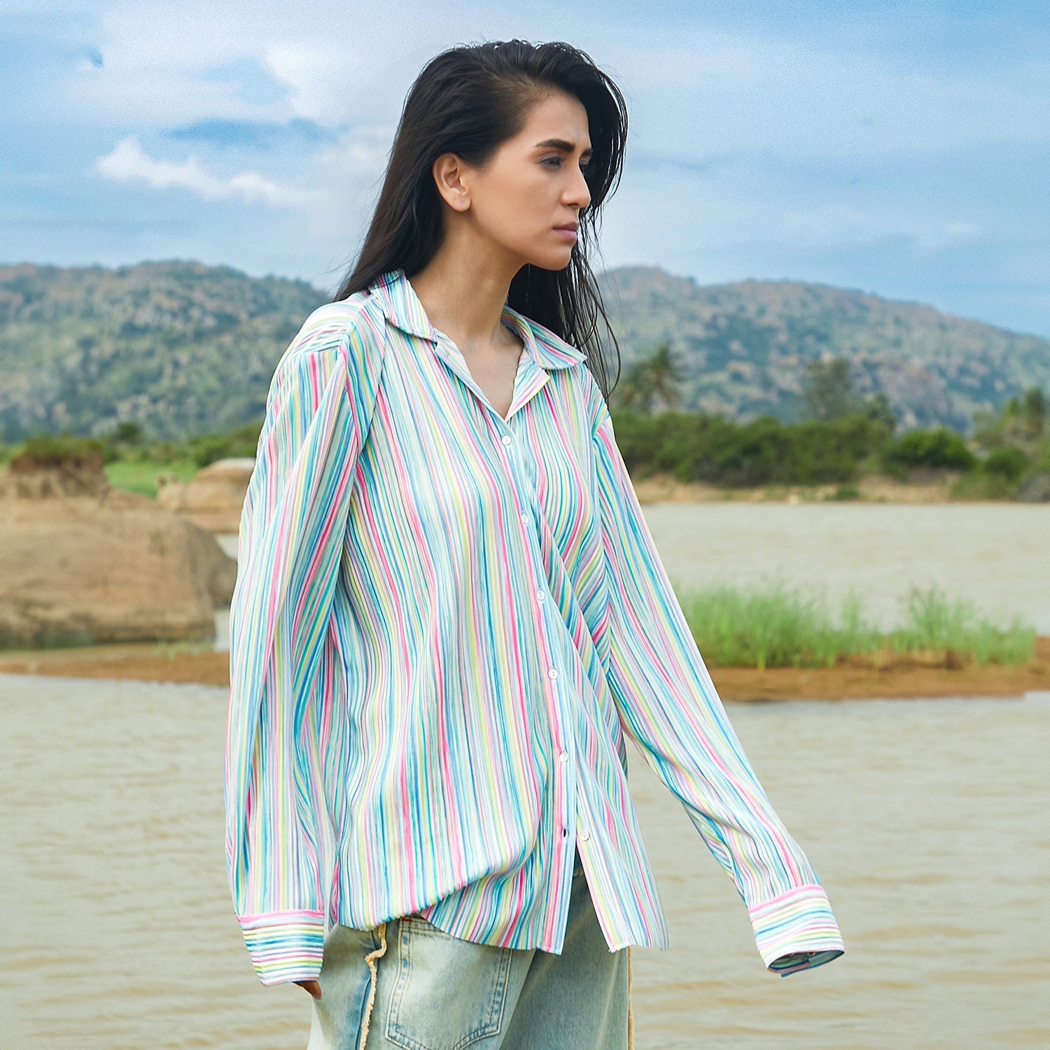 Women Multi Rainbow Pleated Shirt