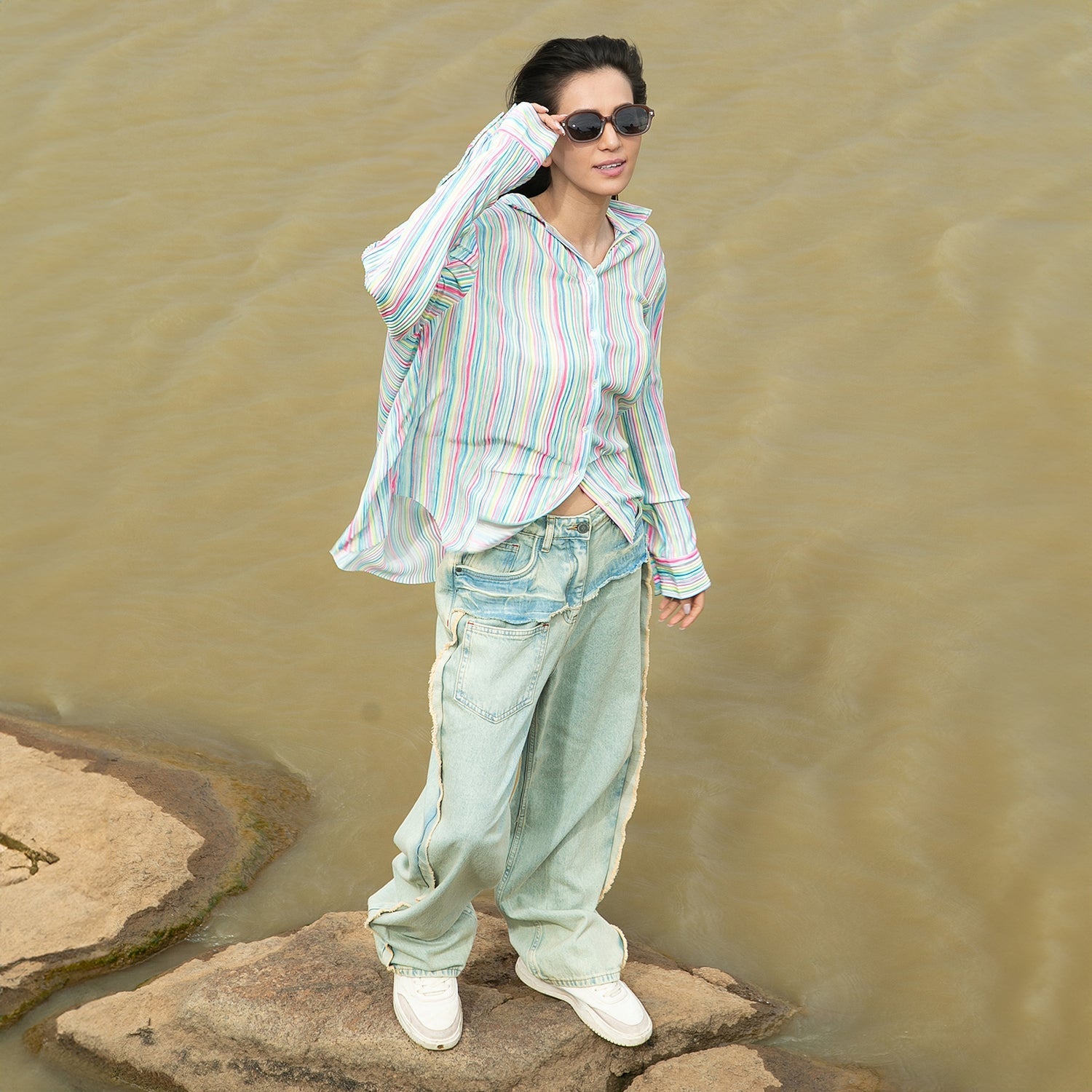 Women Multi Rainbow Pleated Shirt