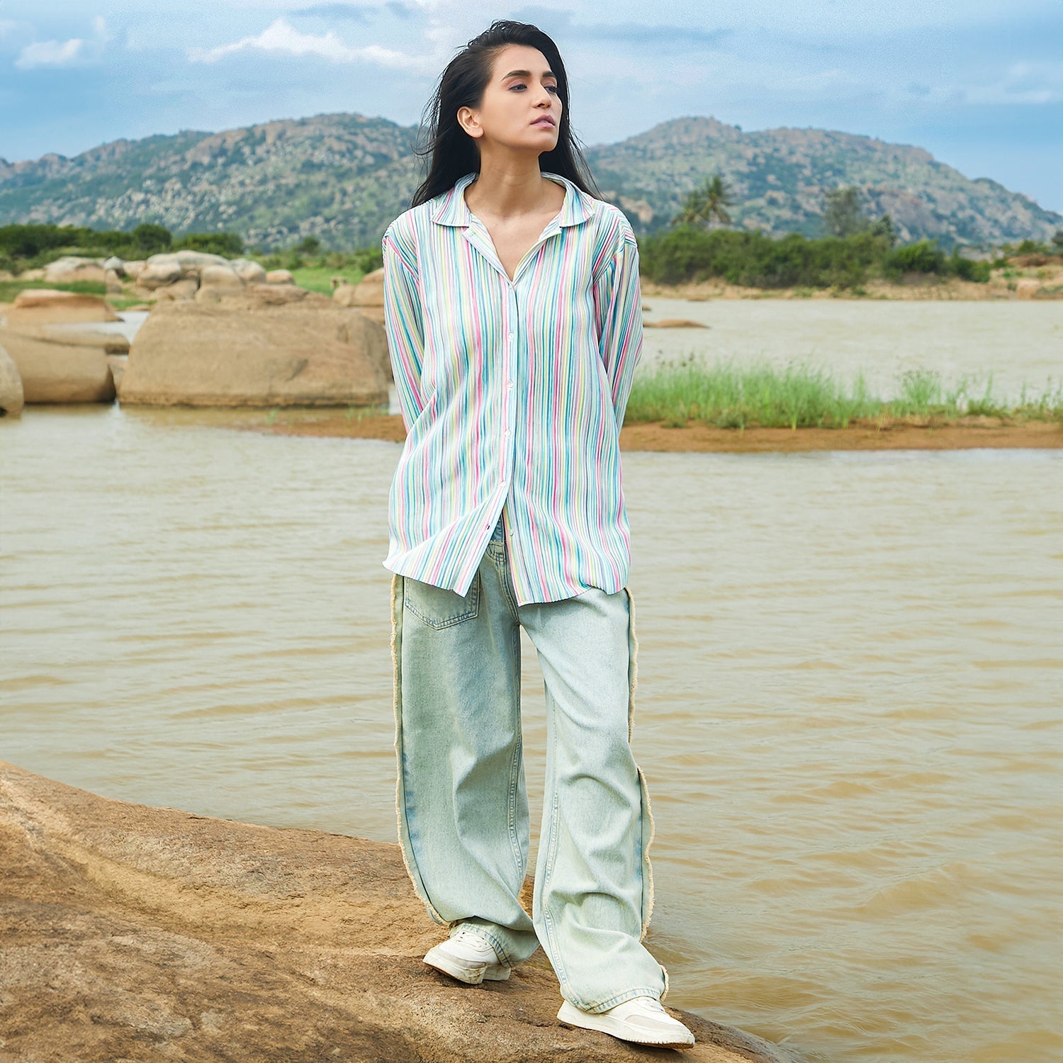 Women Multi Rainbow Pleated Shirt