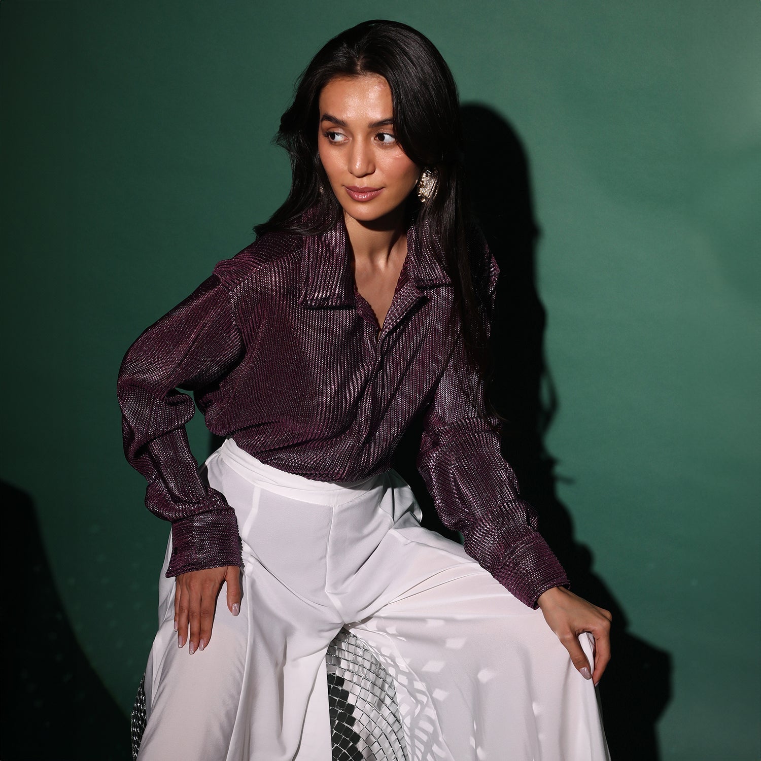 Women Purple Metallic Pleated Shirt