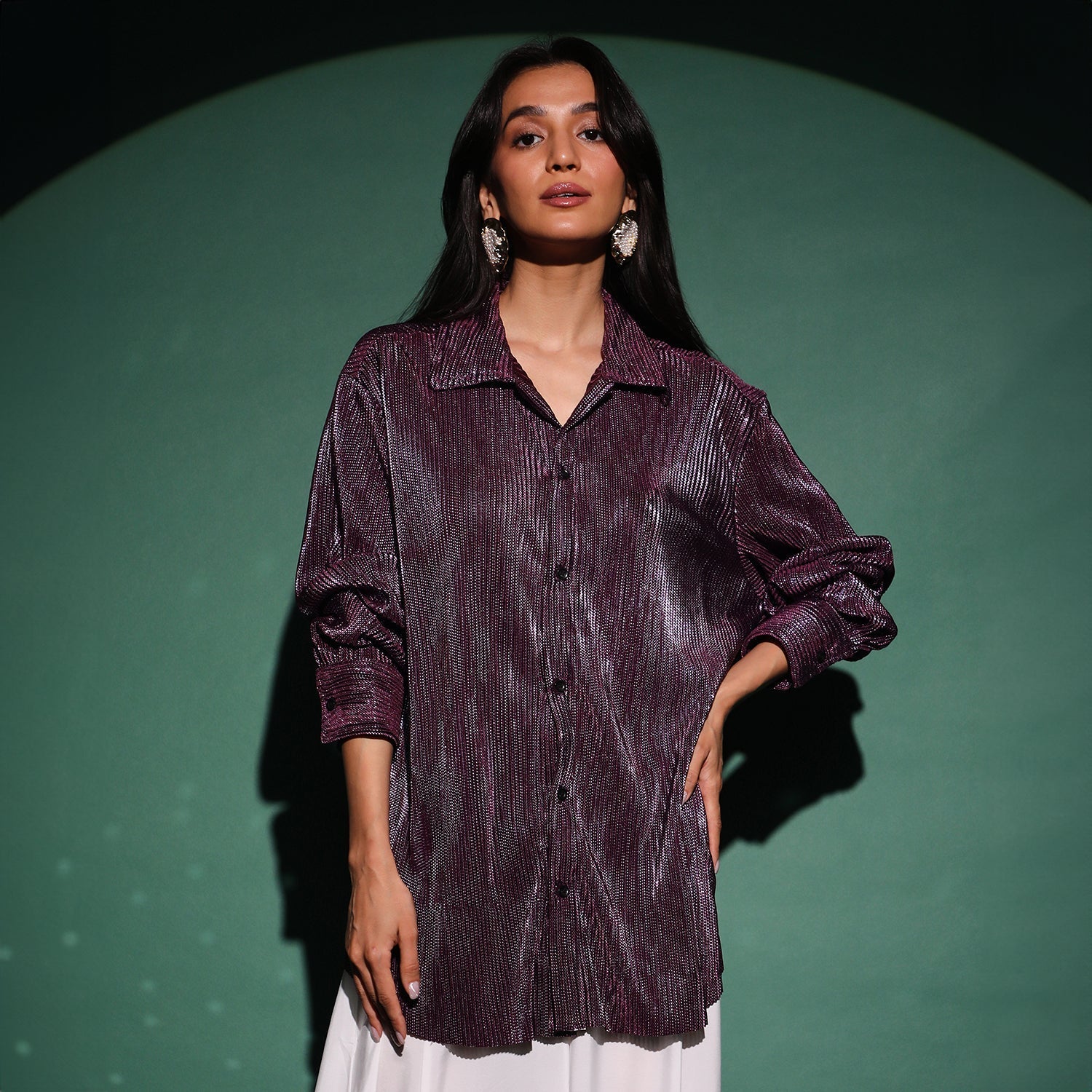 Women Purple Metallic Pleated Shirt