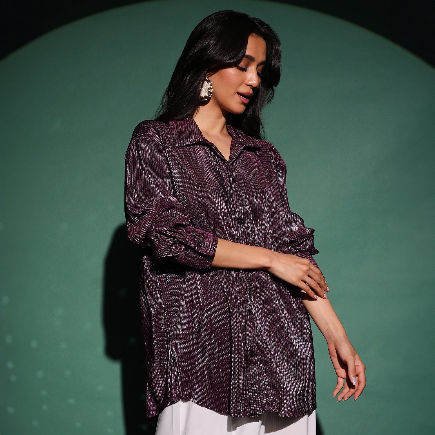 Women Purple Metallic Pleated Shirt