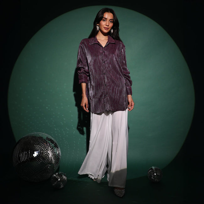 Women Purple Metallic Pleated Shirt